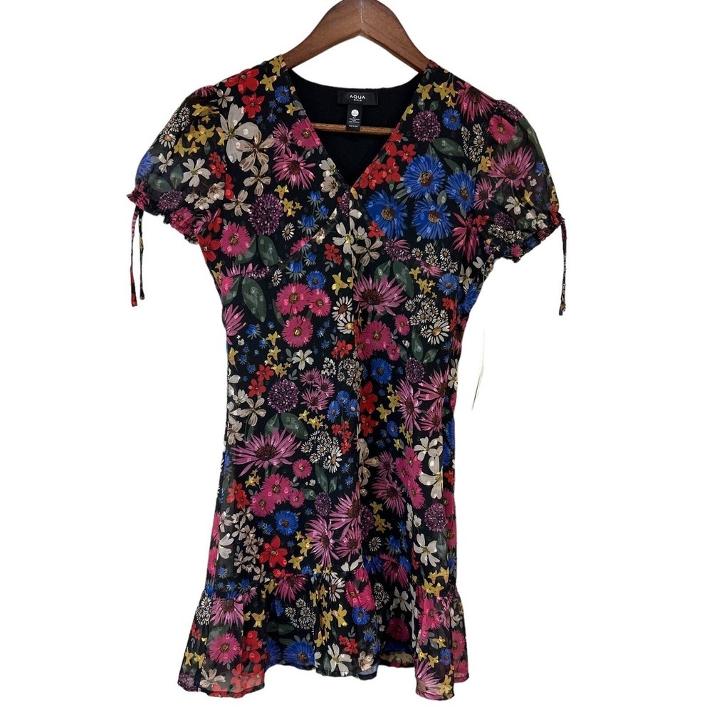 Aqua Girls Dress 10/12 Black Floral Print Tie Sleeve Midi Dress Lined Pull Over